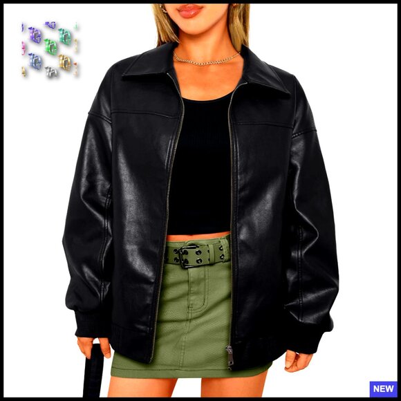 Oversized Faux Leather Bomber Jacket Zip Up Trendy Winter Fashion Outerwear